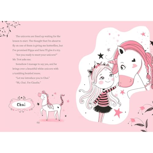 Illustration from "Unicornia: Learning to Fly" showing a girl and pink unicorn.