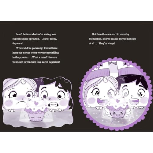 Children’s book spread depicting surprised faces and cupcakes with wings.