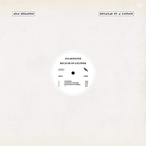 Vinyl record sleeve with white background, artist name, and tracklist on a central label.