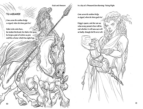 Line art illustration of Odin on an eight-legged horse and Frigg holding a spindle.