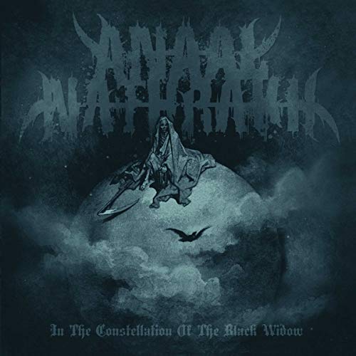 Dark album cover with hooded figure on a moon, surrounded by clouds and a flying bird.