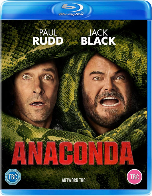 Blu-ray cover for "Anaconda" (2025) featuring Paul Rudd, Jack Black, and a snake.