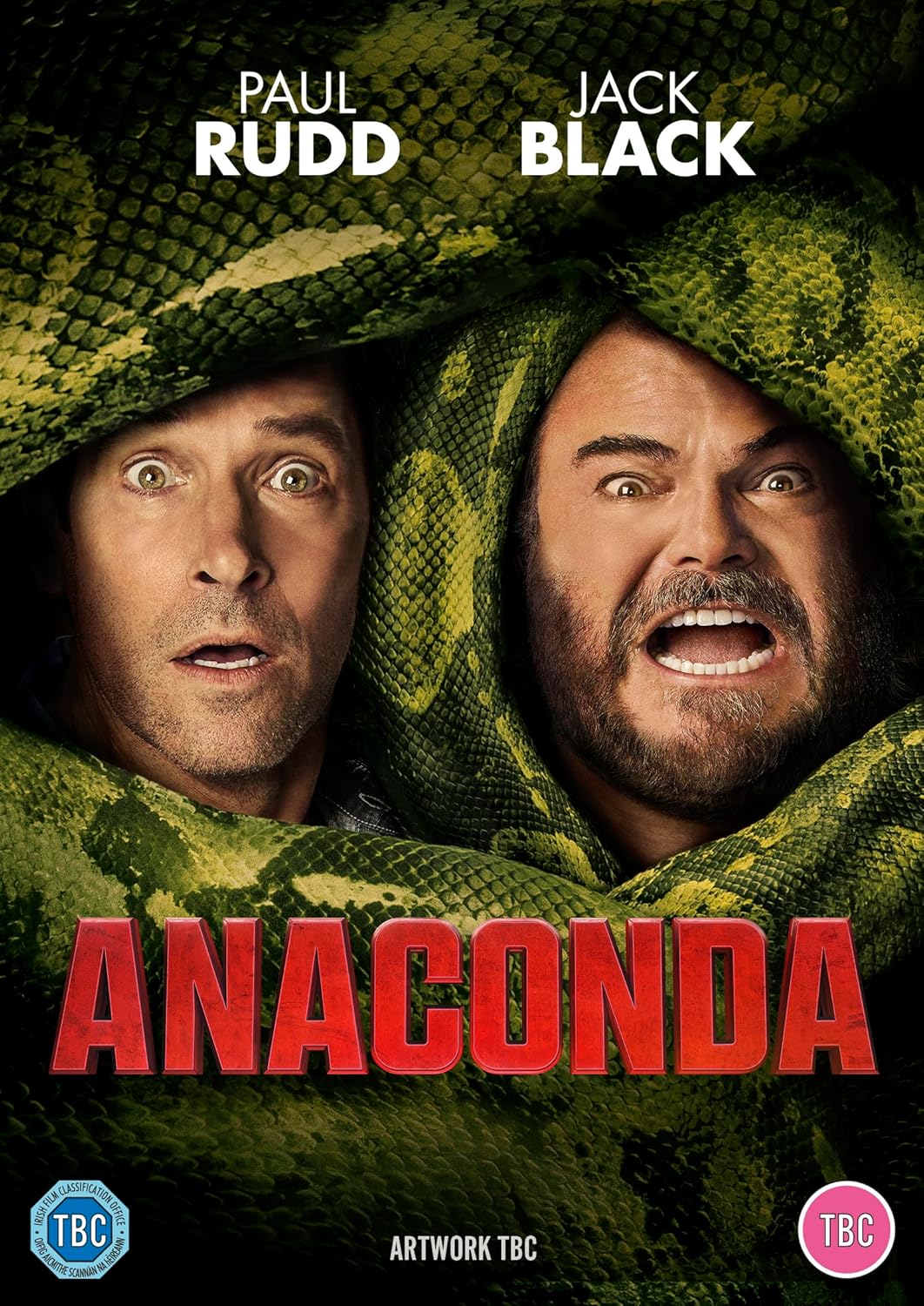 Paul Rudd and Jack Black with shocked expressions wrapped in a large green snake.