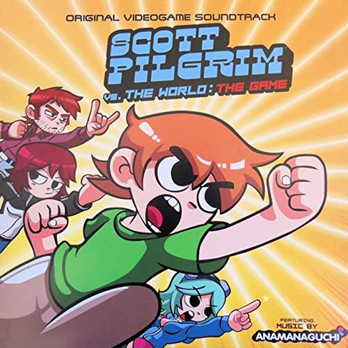 Scott Pilgrim video game soundtrack cover with cartoon characters and yellow rays.