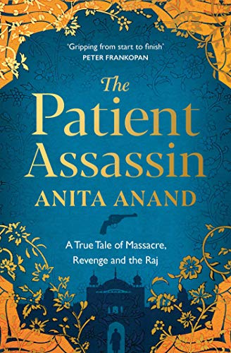Book cover for The Patient Assassin with gold text, floral borders, and a gun silhouette.