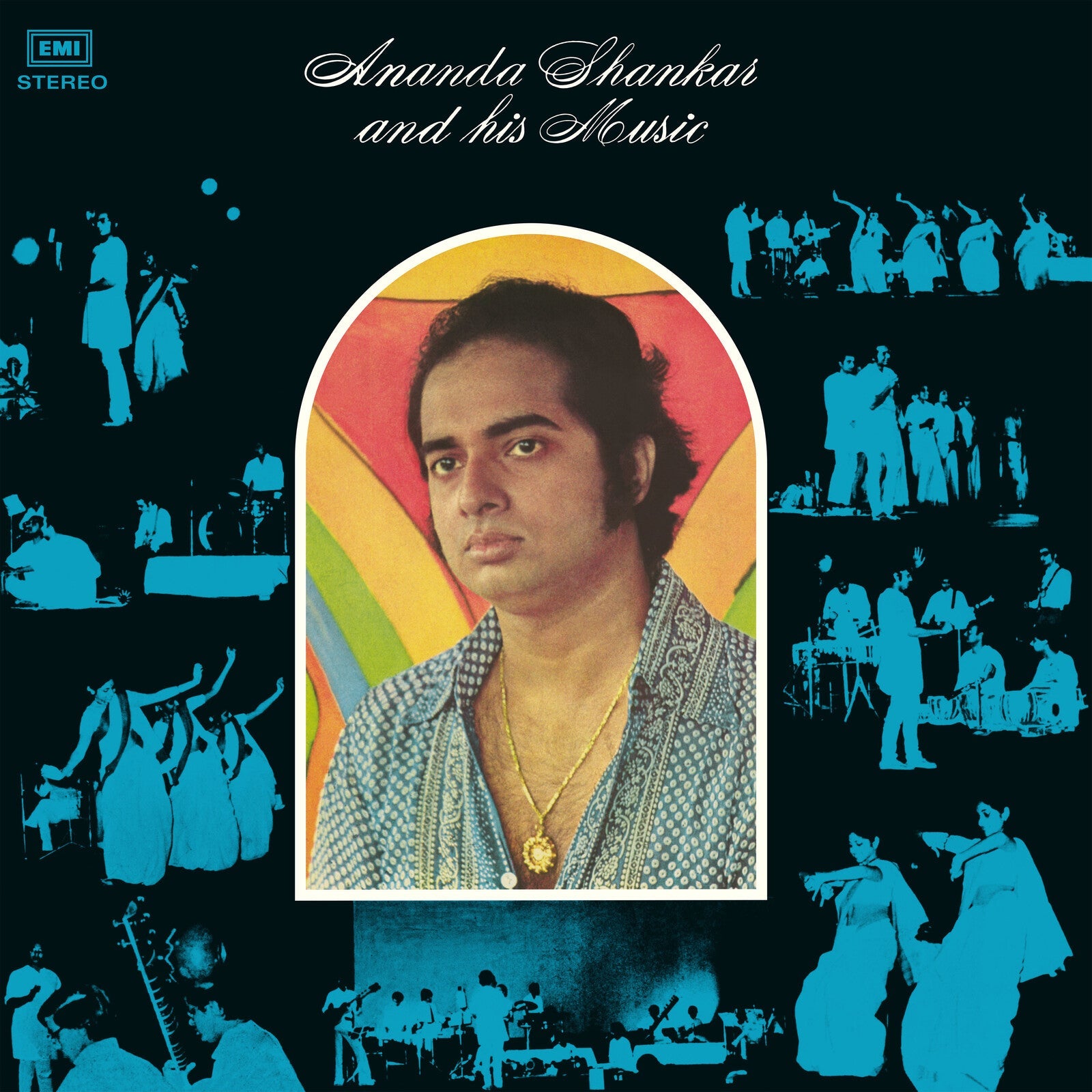 Album cover for Ananda Shankar featuring a portrait within a colorful arch.