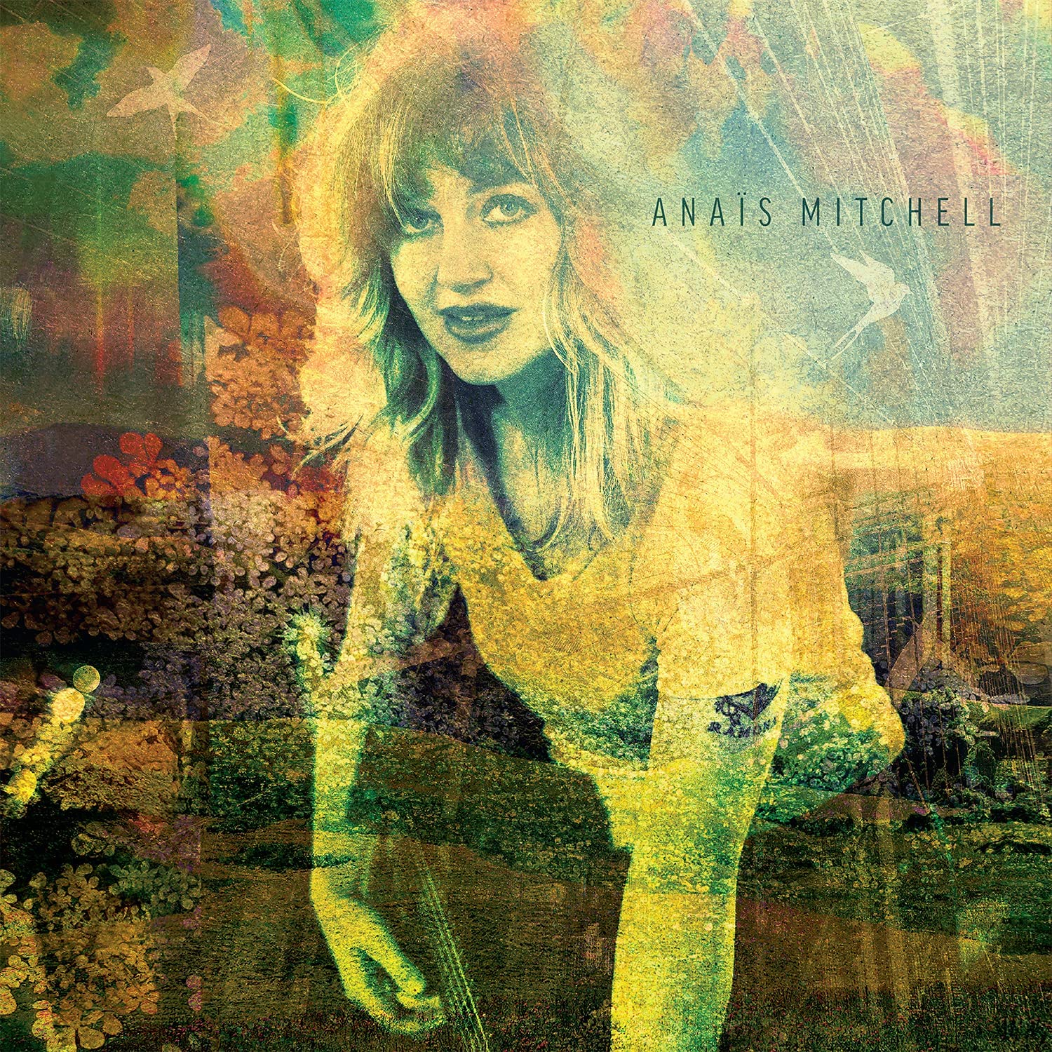 Anaïs Mitchell's album cover featuring a woman with a guitar in a layered, abstract design.