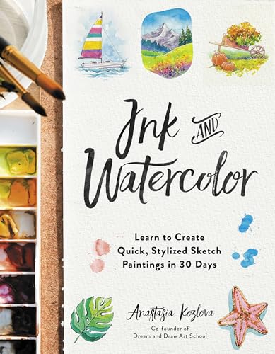 Book cover with watercolor paintings, calligraphy, and art supplies.