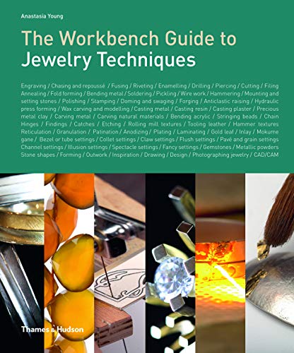 Book cover titled The Workbench Guide to Jewelry Techniques with a green background and photos.