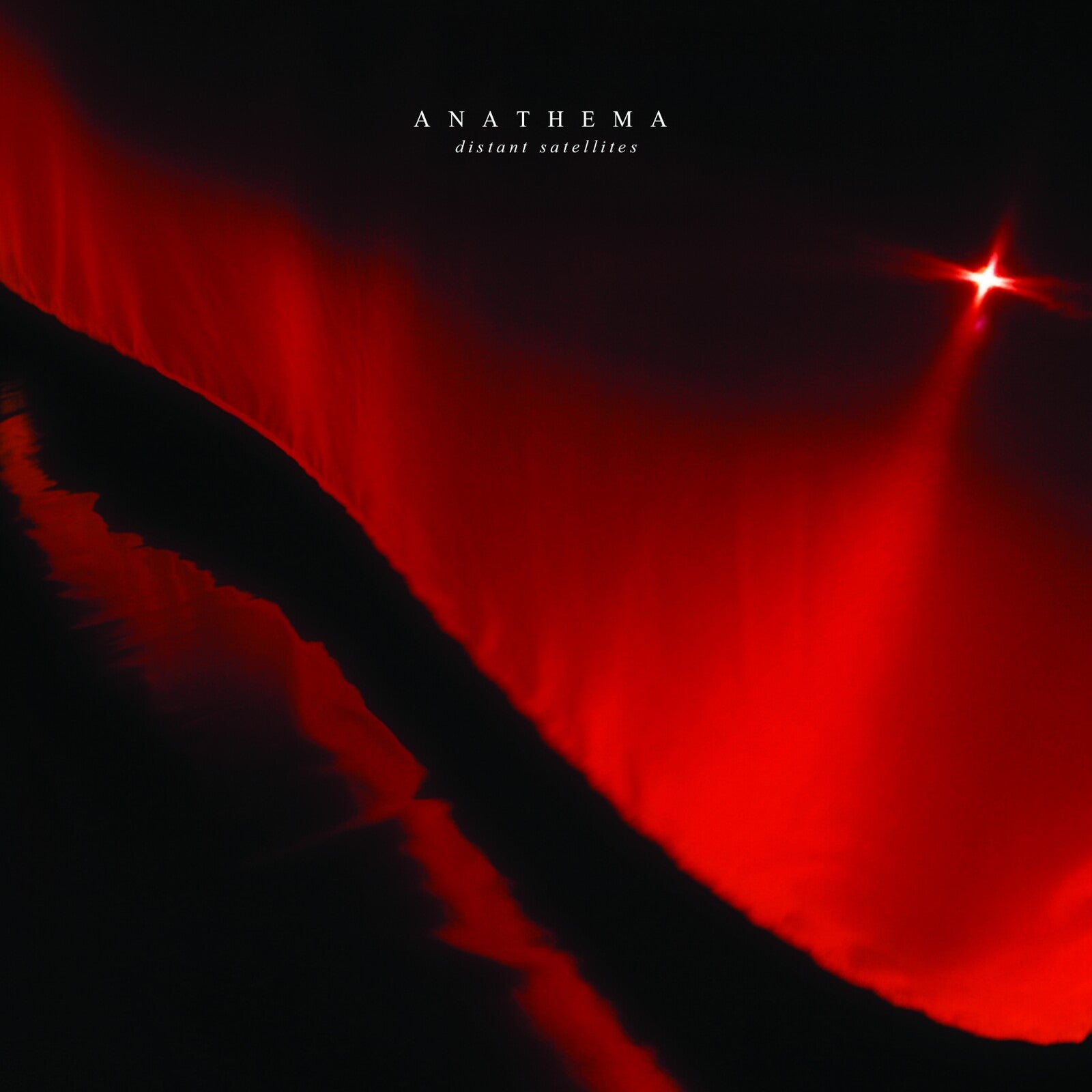 Album cover for Anathema’s “Distant Satellites” featuring red and black abstract imagery.