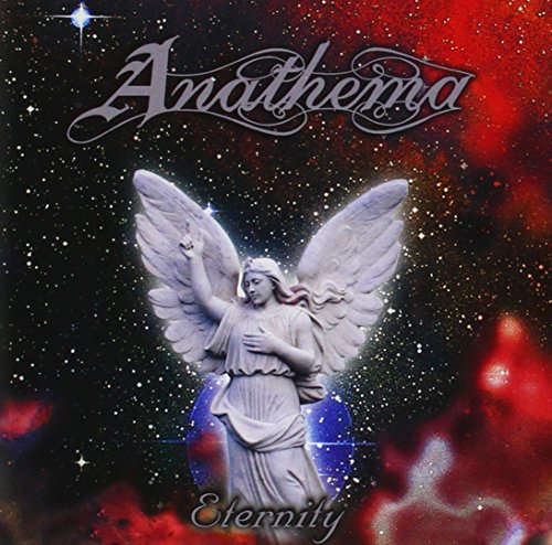 "Album cover featuring a white angel statue against a red and black starry background."