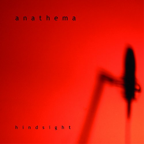 Red album cover for Anathema’s “Hindsight” with a dark shadow figure.