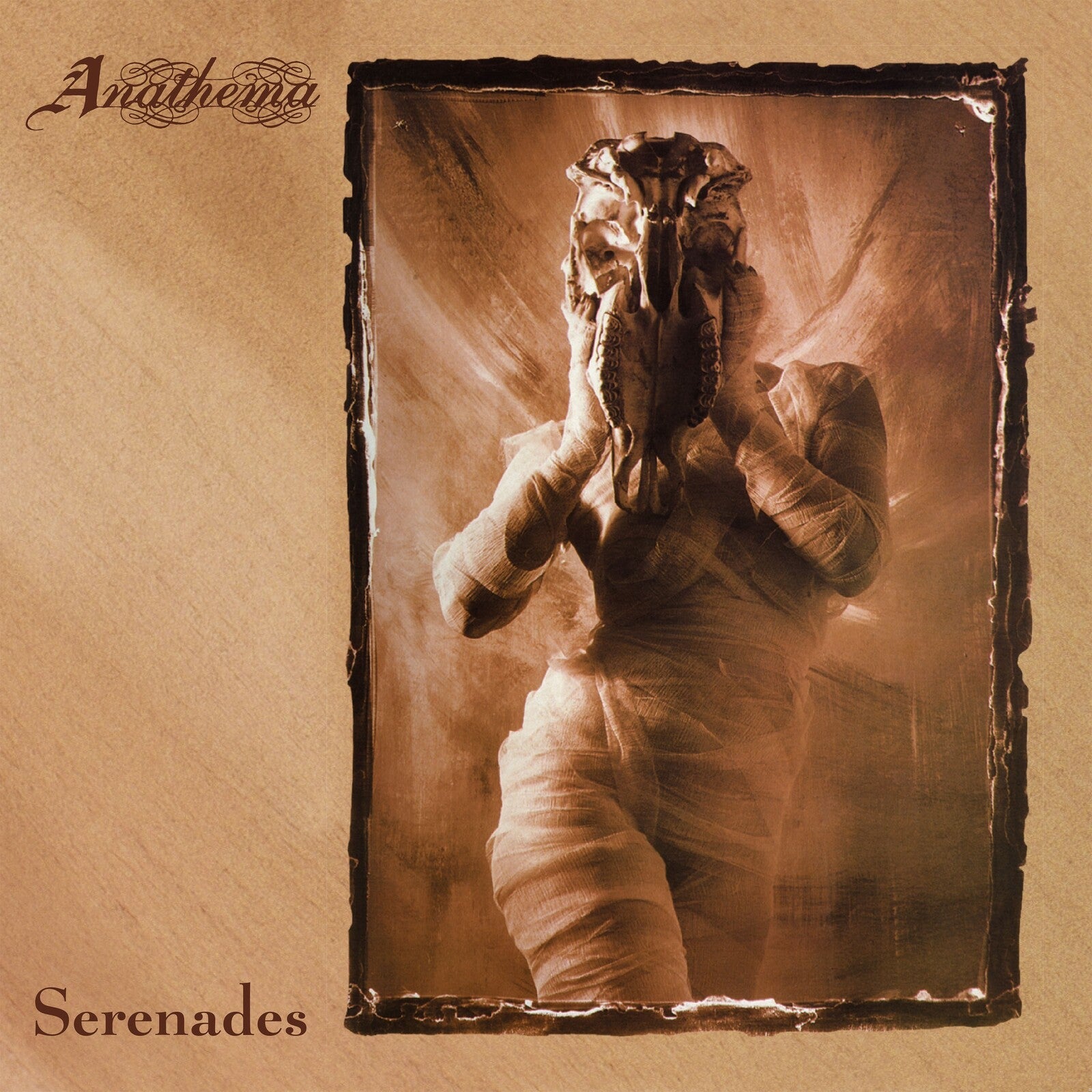 Sepia-toned album cover featuring a person with a skull on their head.