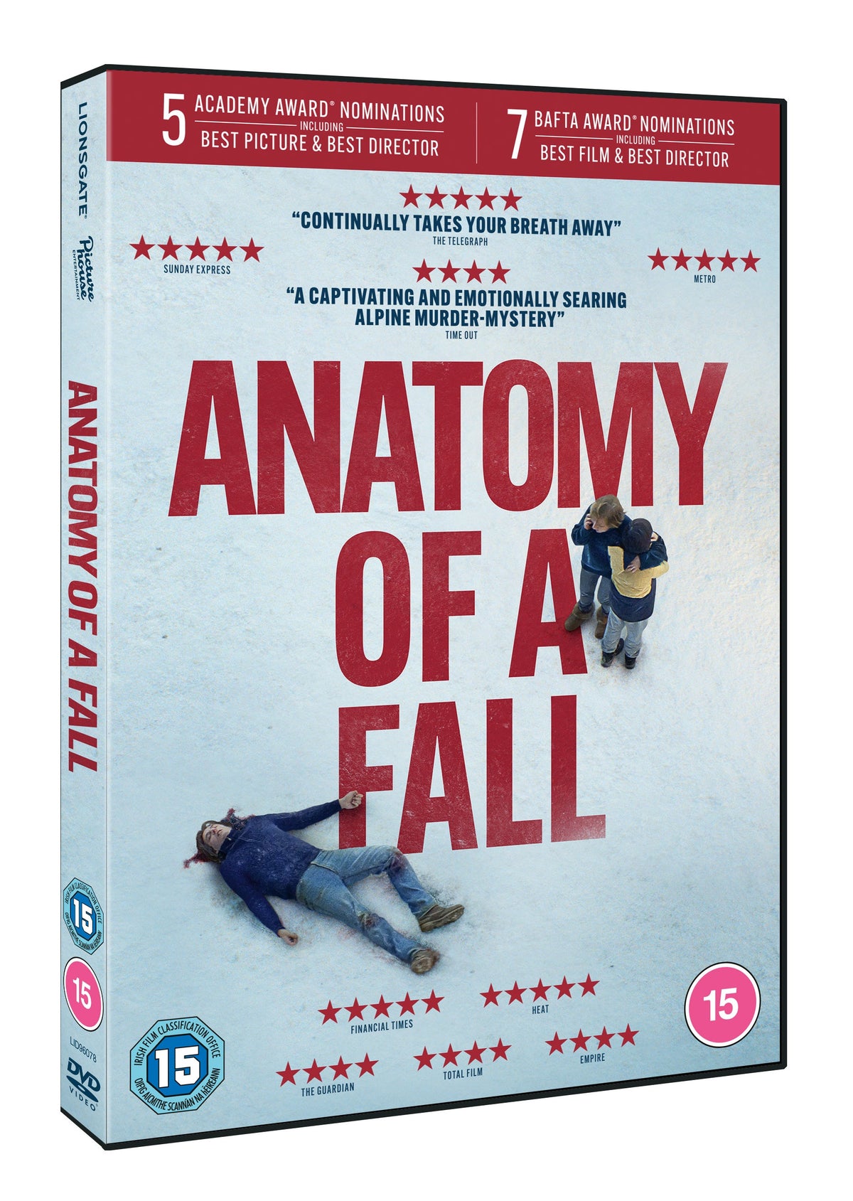 DVD cover for "Anatomy of a Fall" featuring figures lying in snow.