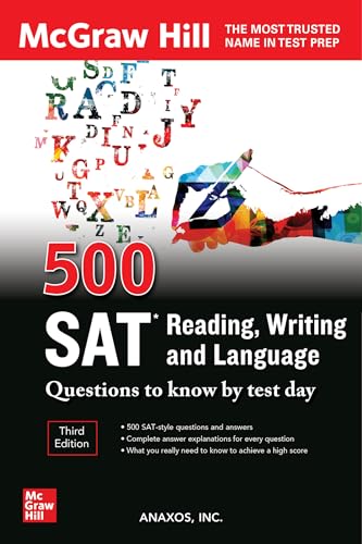 Book cover with colorful letters, hand holding book, and title "500 SAT Reading, Writing and Language.