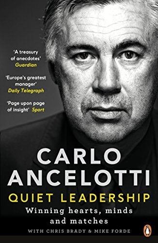 "Book cover with black and white photo of Carlo Ancelotti and title text."