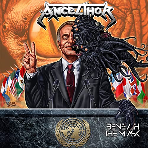 CD cover art: grotesque creature emerging from a man at a podium.