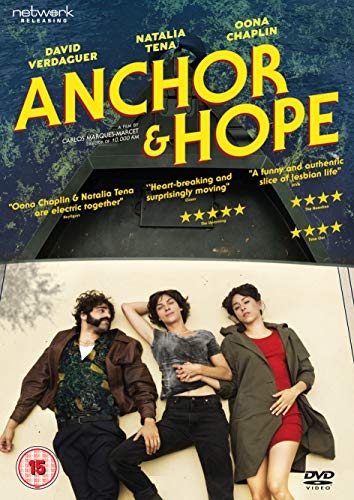 DVD cover for "Anchor & Hope" featuring three actors lying on a sandy beach.