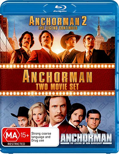 DVD cover for Anchorman and Anchorman 2 featuring the main cast members in suits.