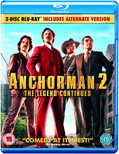 Anchorman 2" Blu-ray cover featuring Will Ferrell and co-stars in suits.