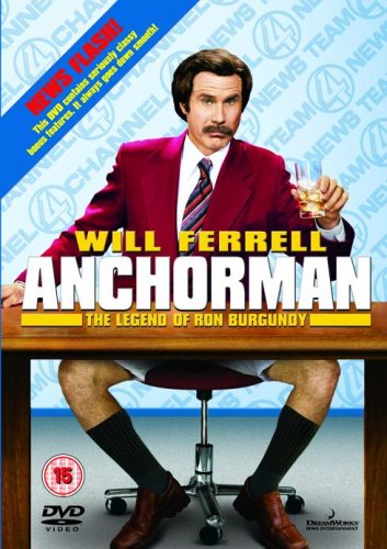 DVD cover for "Anchorman" featuring Will Ferrell in a suit.
