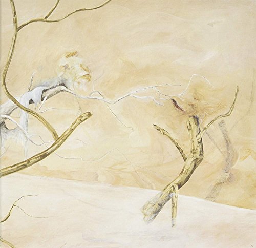 Pale painting of bare branches and indistinct figures in a landscape.