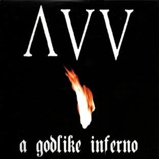 "Black album cover with white text and a flame image."
