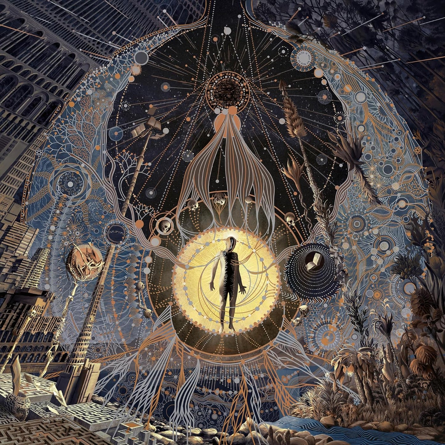 Surreal illustration of a glowing figure centered in a complex, cosmic, and architectural landscape.