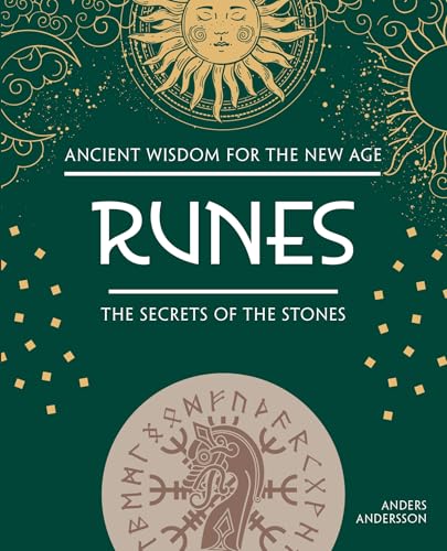 Book cover with dark green background, sun and moon illustrations, and a central runic symbol.