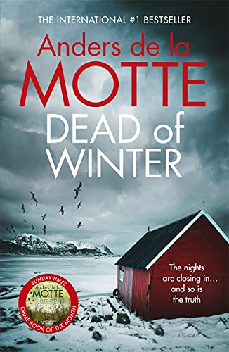 Book cover for "DEAD OF WINTER" with a red cabin in a snowy landscape.