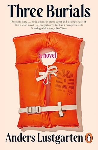 Book cover: orange life vest with a pink label reading “a novel”.