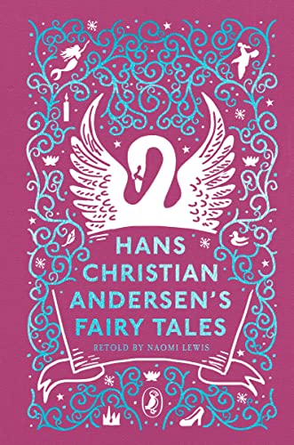 Pink book cover with a white swan and blue filigree border featuring fairy tale icons.