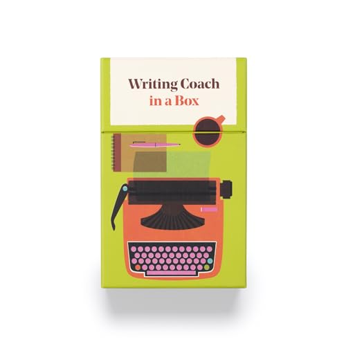 Writing Coach in a Box product box with a typewriter, notebook, and coffee illustration.