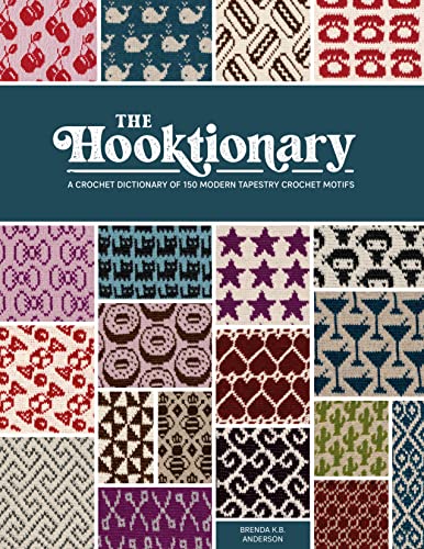 Book cover titled The Hooktionary featuring a collage of various colorful tapestry crochet patterns.