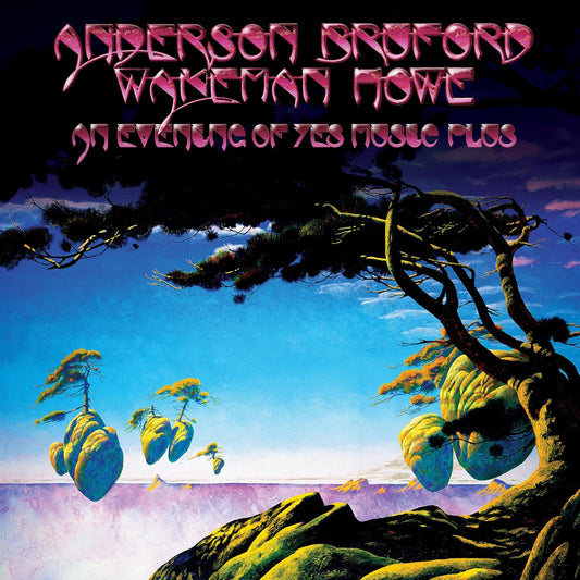 Album cover art featuring floating rock formations, pine trees, and a surreal blue sky.