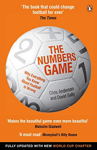 "Book cover of 'The Numbers Game' featuring a soccer ball with numbers on an orange background."