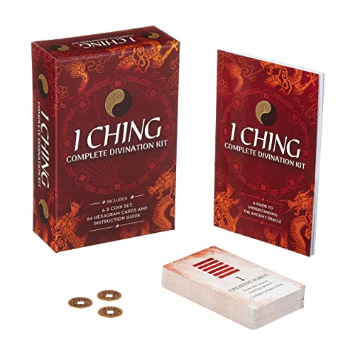 I Ching divination kit featuring a box, guide book, hexagram cards, and three coins.