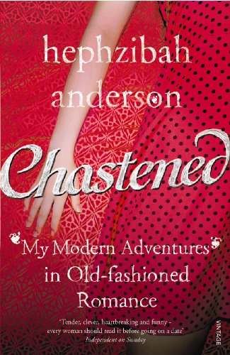 Book cover: red patterned dress, arm reaching, title "Chastened" in silver.