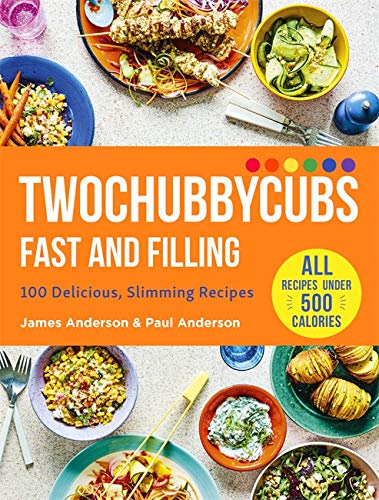 Cookbook cover with colorful food photos and text: "Twochubbycubs Fast and Filling.