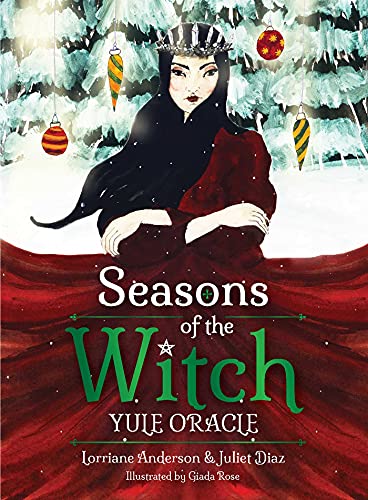 A woman in a red dress and crystal crown stands before snowy evergreen trees.