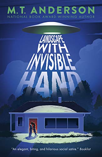 Book cover: house below a UFO, title "Landscape with Invisible Hand".