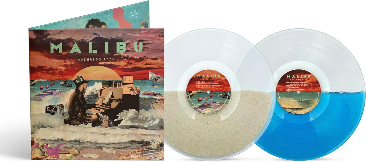 Anderson .Paak Malibu vinyl record set with sand-filled and blue liquid-filled transparent discs.
