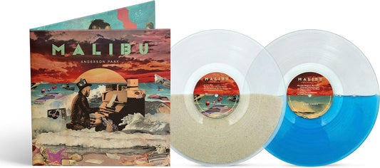Anderson .Paak Malibu vinyl record set with sand-filled and blue liquid-filled transparent discs.
