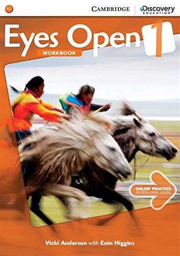 “Eyes Open Level 1” workbook cover with image of horseback riders.