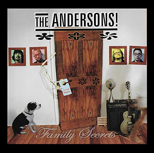 CD cover featuring a wooden door, four portraits, a dog, and an electric guitar.