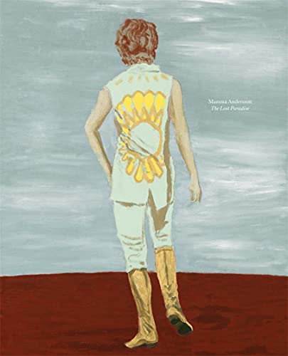 A painting of a person from behind wearing a yellow sun-patterned top and boots.
