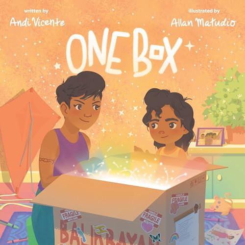 Children’s book cover, “One Box,” depicting two kids and a glowing cardboard box.