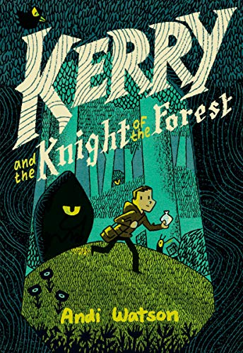Boy runs from a shadowy figure in a textured, illustrated forest scene.