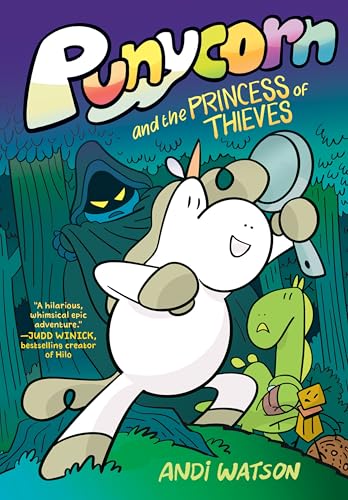 Graphic novel cover: a small unicorn and shadowy figure in a forest.