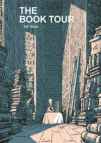 Book cover illustration of a person seated amongst towering stacks of books.